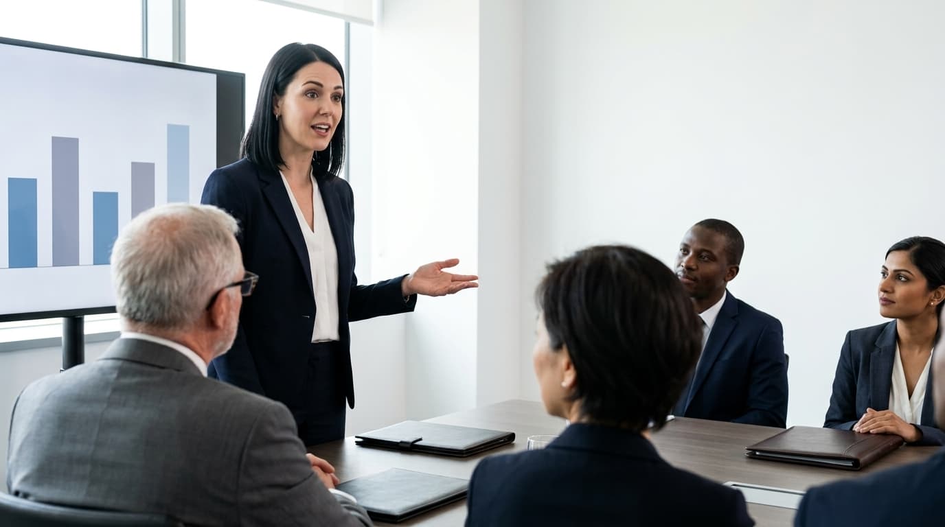 Profissional apresentando em inglês para o time em uma sala de reunião